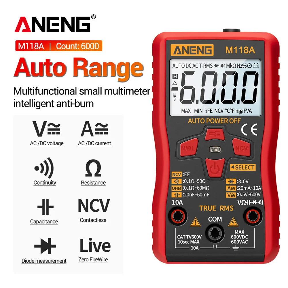 

Mini Digital Multimeter ANENG M118A AC Voltage Auto Test Tranistor Capacitance Resistance Diode Meter NCV 6000 Count Tester Tool