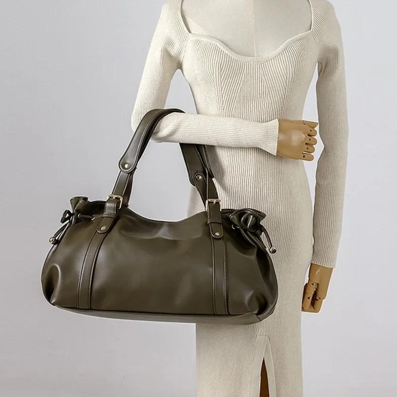 Vintage  Large Ruched Drawstring Soft Leather Tote Bag Women's Crossbody Simple Handbag Commuter Shoulder Boston Bag Work Bag