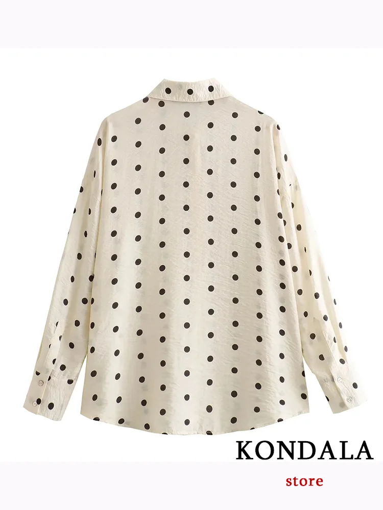 KONDALA Casual Vintage Beige Dot Women Shirts Single Breasted Long Sleeve Loose Blouse Fashion 2023 Autumn Elegant Shirts Tops