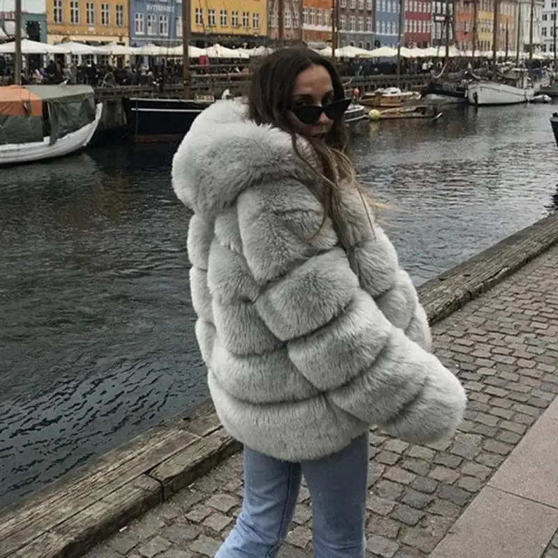 5XL Plus Size Faux Fur Coat Women Winter Hooded Thick Warm Jacket Coats Fluffy Hoodie Faux Fur Coat Outwear Elegant Overwear