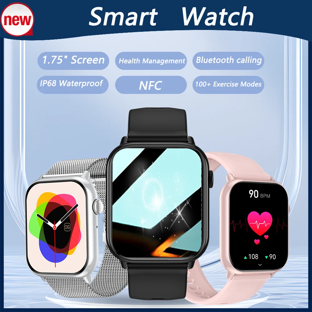 

For Android IOS Phone 1.75Large HD screen Smart Watch Ladies Health monitoring NFC IP68 Waterproof Bluetooth call Smartwatch Men