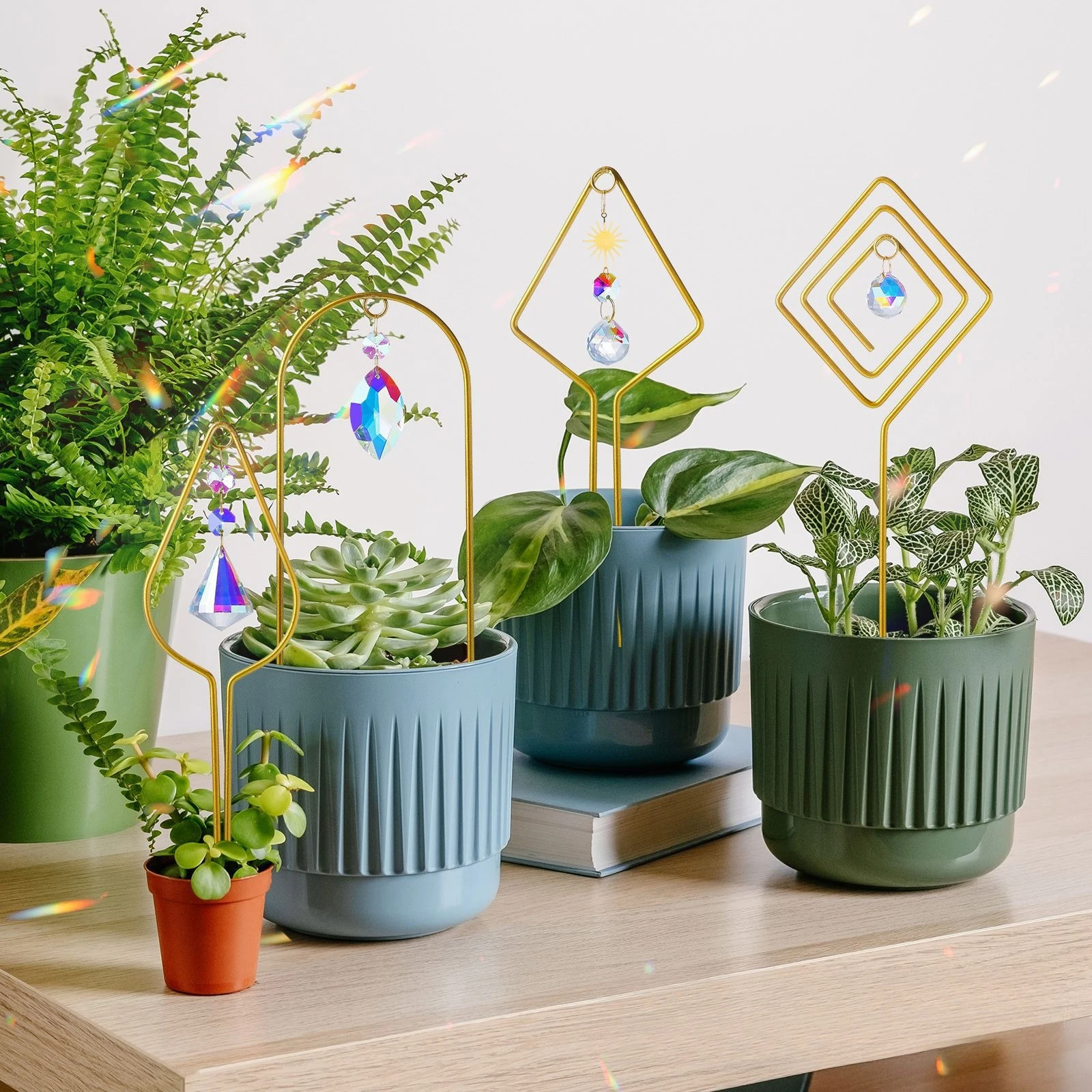 Metal Small Trellis for Potted Indoor Plant Climbing Support Colorful Crystal Suncatcher Prism Plant Lattice Window Garden Decor