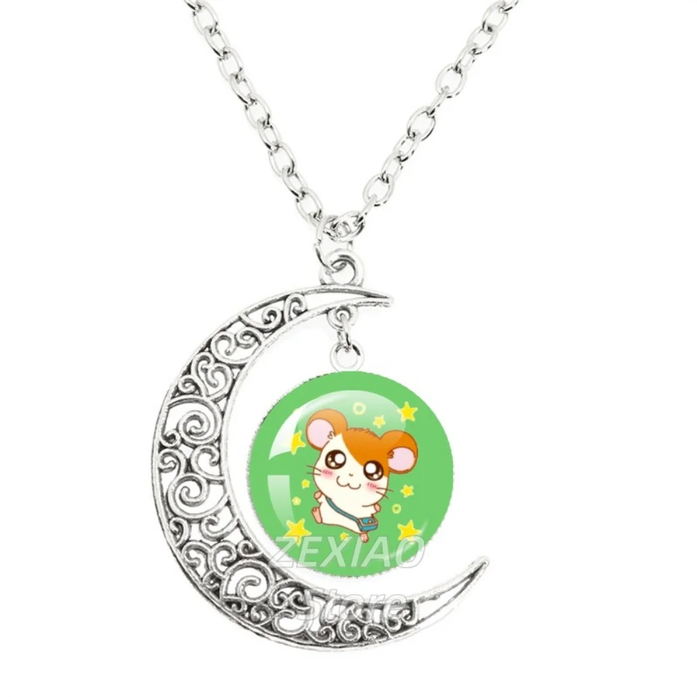 H-Hamtaro Cute Hamster The Moon Necklace Glass Round Cabochon Pendant Necklace Necklace Jewelry Accessorie Creative Gift