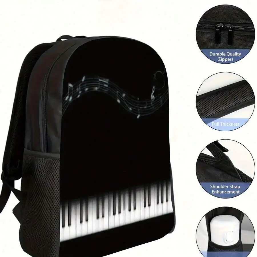 

Piano Keyboard Print Backpack 17 Inch Large Capacity Lightweight School Bag With Water Bottle Holder