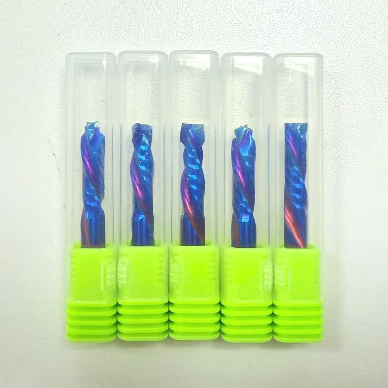 

10 шт. синее нано-покрытие 3,175/4/6 мм, 2 канавки вверх и вниз, твердосплавные фрезы, фрезы для фрезерного станка с ЧПУ, компрессионная концевая фреза по дереву