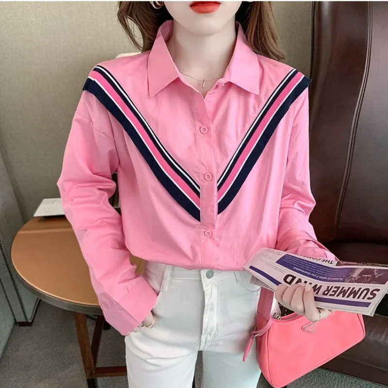 Fashionable Korean 2024 Spring Autumn New Spliced Striped Blouses Women\'s Commute Polo Collar Single-breasted Long Sleeve Shirts