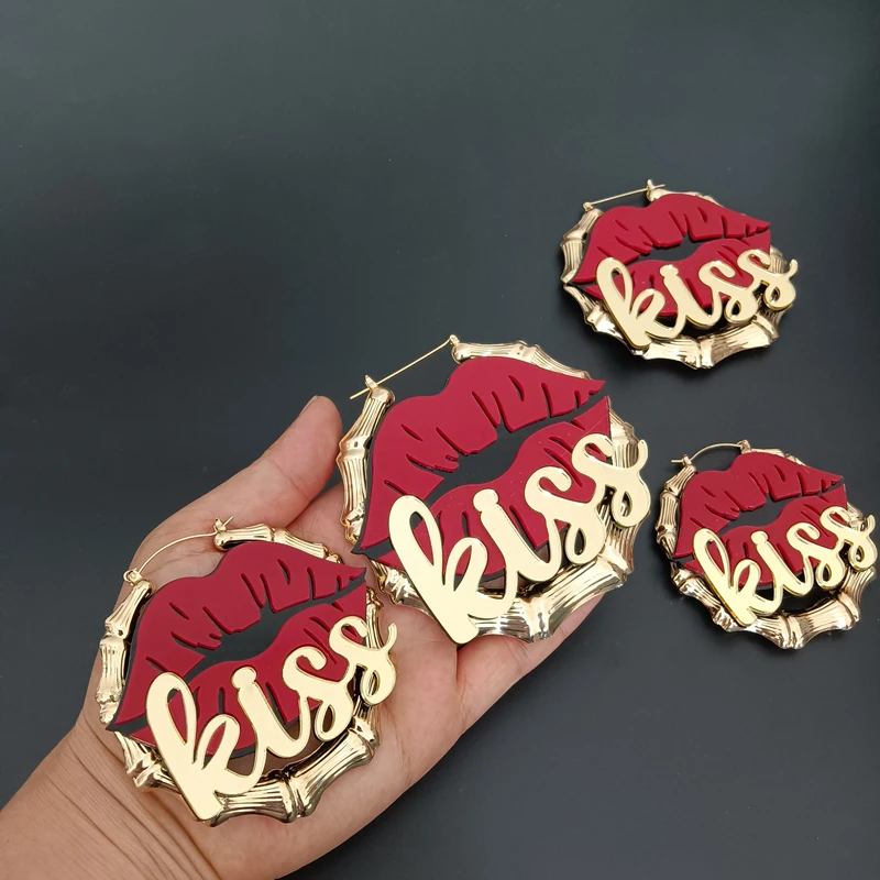 KUGUYS 9cm 7cm KISS Mouth Gold Color Red Lips Hoop Earrings for Women Birthday Gift Fashion Jewelry Hyperbole Letters Acrylic