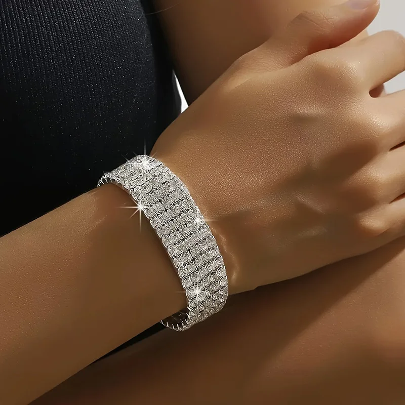 Pave CZ Stretch Bangle Women Silver Multi Row Rhinestone Cuff Sparkly Dainty Luxury Elegant Wedding Party Fashion Jewelry Gift