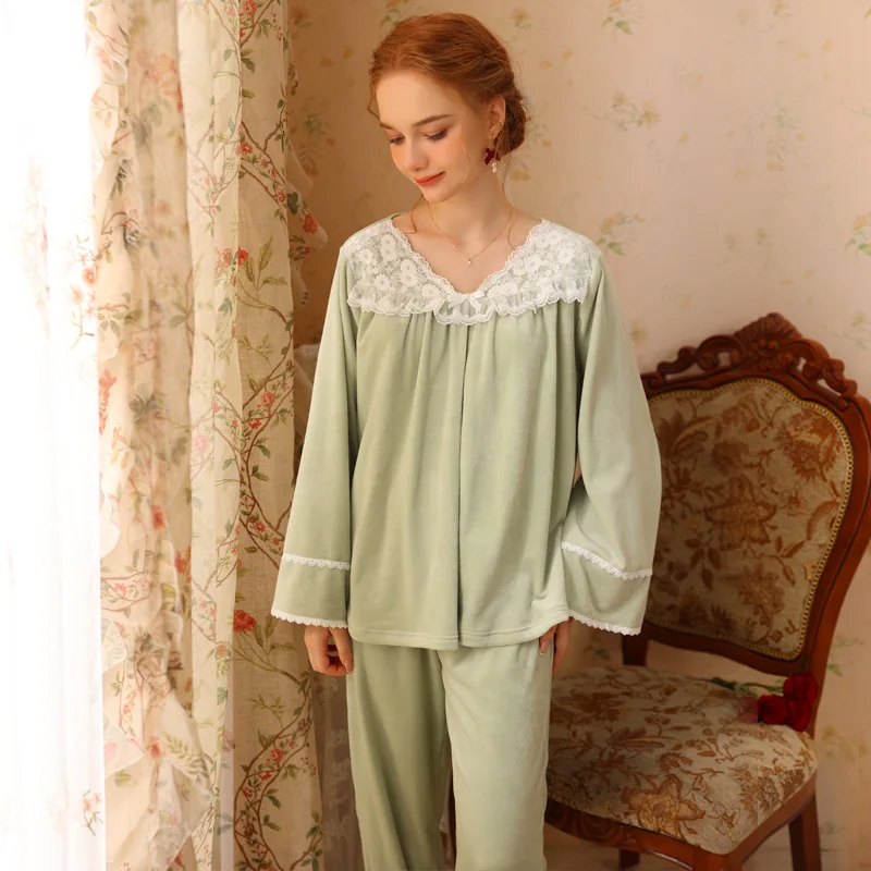 Women Lace Flannel Loungewear Sexy Velour Pajamas Sweet Princess Sleepwear Nightwear Autumn Winter Fairy Tops Pants Pajama Sets