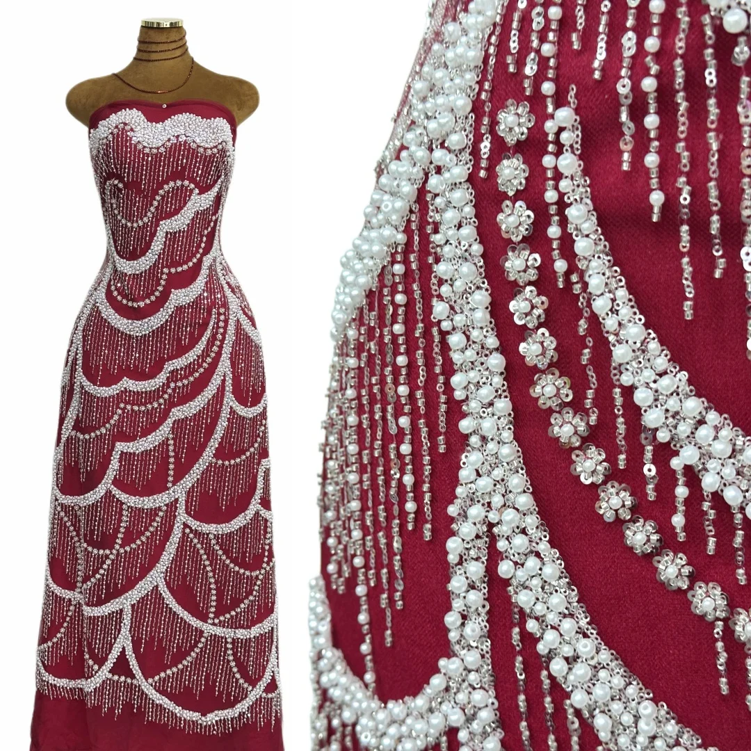 

Wholesale Nigerian Gold Lace Fabrics Fashion Women African Tulle Lace Luxury Handmade Beaded Sequins Fabrics For Wedding 5 Yards