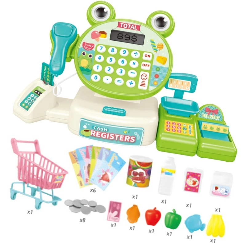 Q0KB Kids Imaginative Play Supermarket Cash Register Toy Set with Calculator and Play Food for Hand Eye Coordination Train