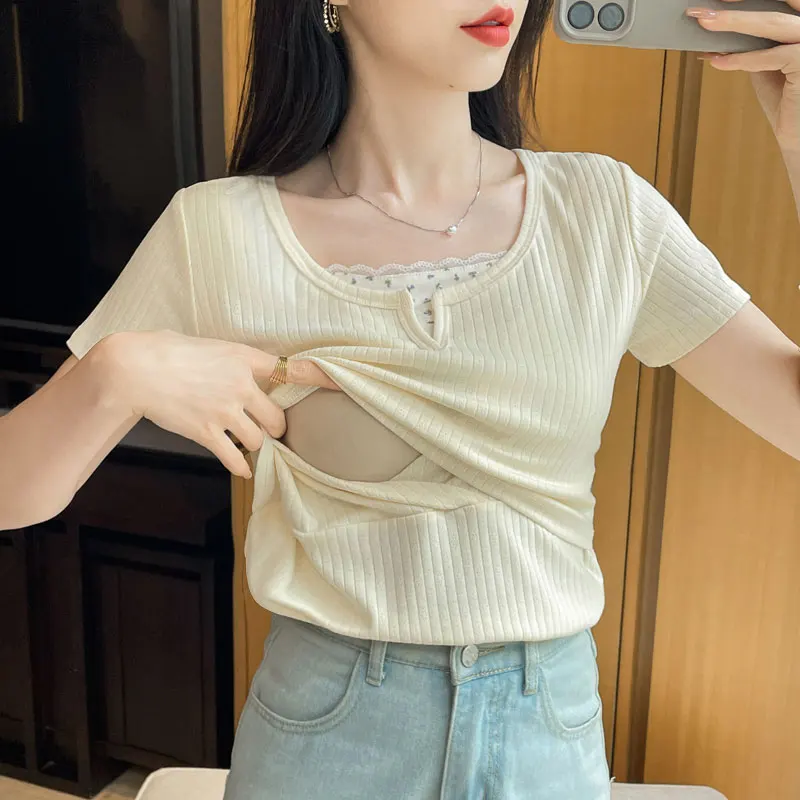 Breastfeeding Laced Cotton T-shirts for Summer Postpartum Lace Splicing Fake Two Pieces Layered Nursing Tees Pregnancy Slim Tops