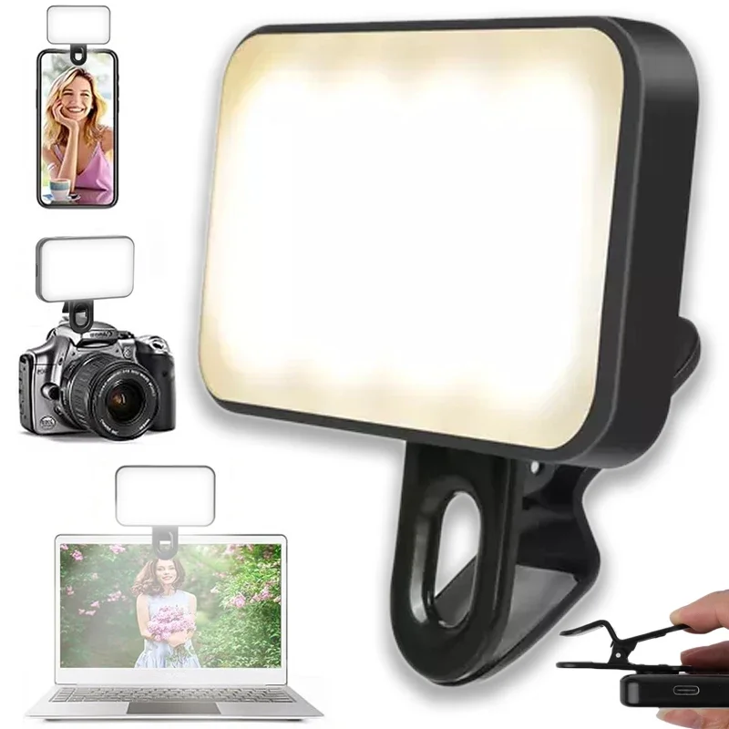 

3 Modes Portable Mini Selfie Fill Light Adjustable Brightness Clip On For Phone Laptop Tablet Meeting Make Up Rechargeable Light