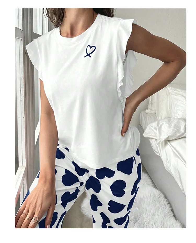 Herz & Brief gedruckt Damen Pyjama Pj Set weiche Kurzarm Tops & elastische Taille Hosen Pyjama Pijama Femme Casual Home Kleidung – Detail 14