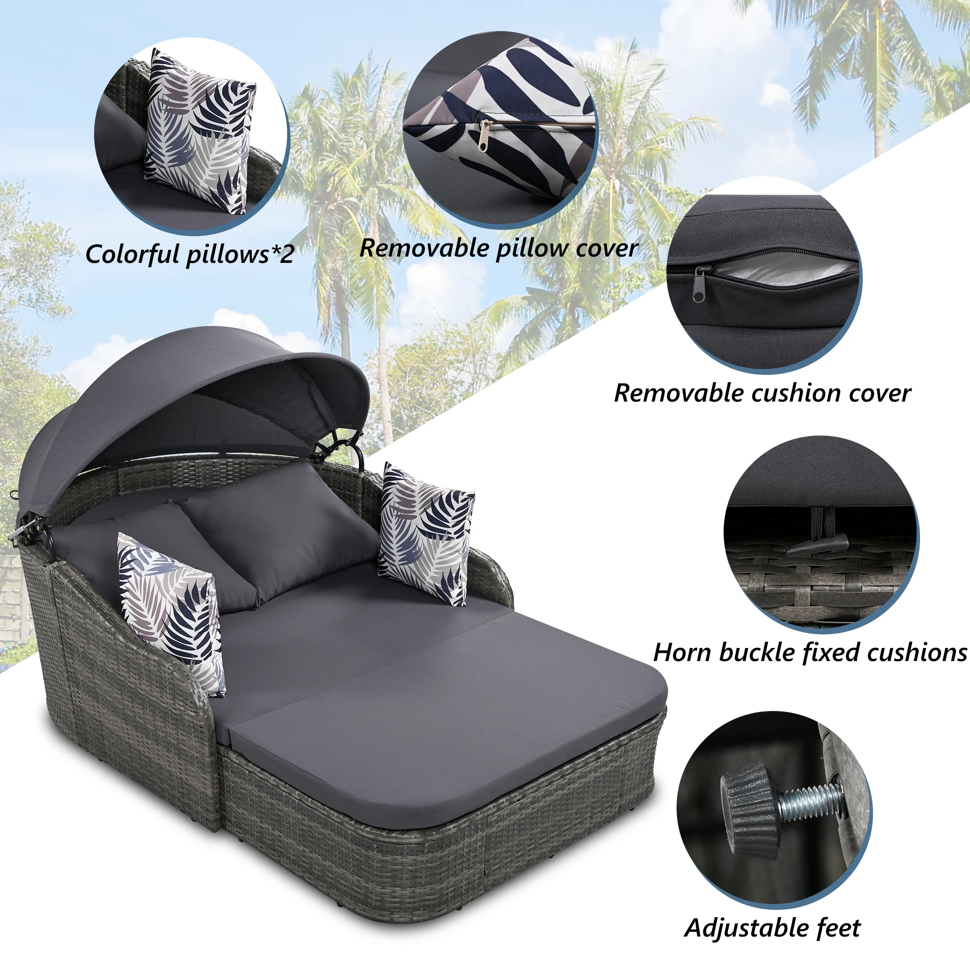 Espreguiçadeira ao ar livre com dossel ajustável, vime cinza e almofada, PE Rattan Daybed, Double Lounge, 79,9"