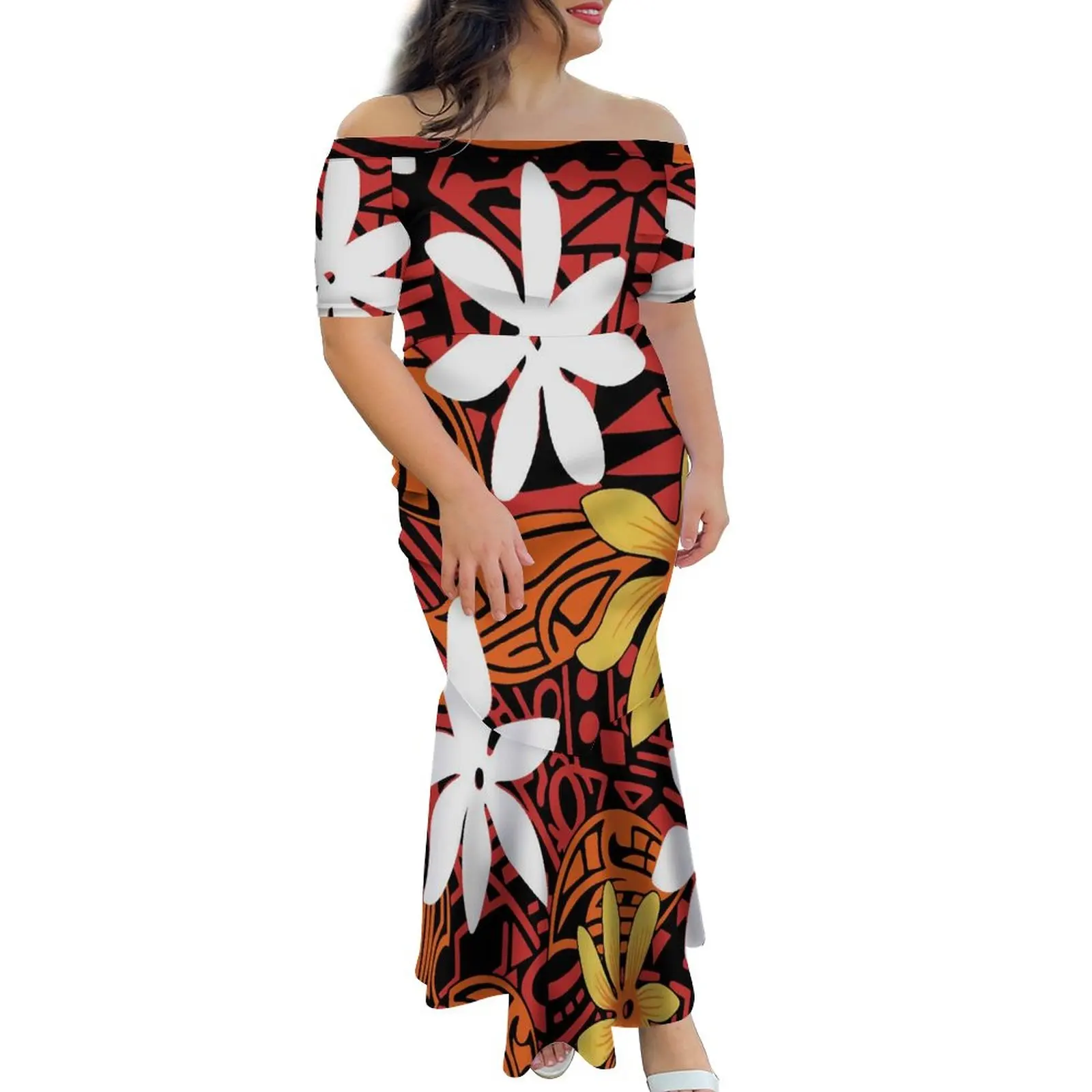 HD Print Hibiscus Custom On Demand Half Shoulder Fishtail Dress Tongan Style Polynesian Pacific Island Art One Shoulder Dress