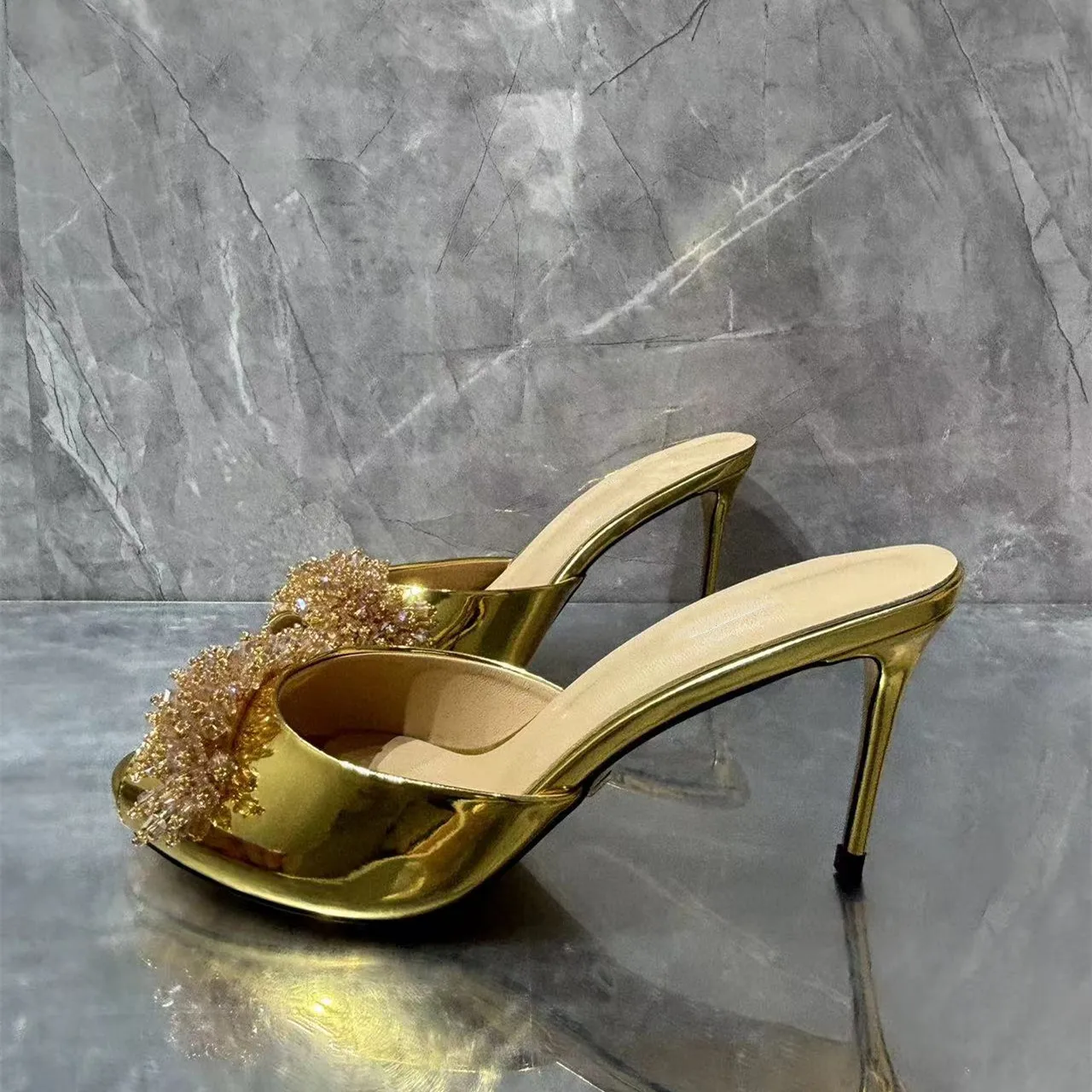 Golden Pointed Peep Toe Thin Heels Slippers for Women New Brand Design Rose Crystals Decor High Heel Half Shoes Lady Size43