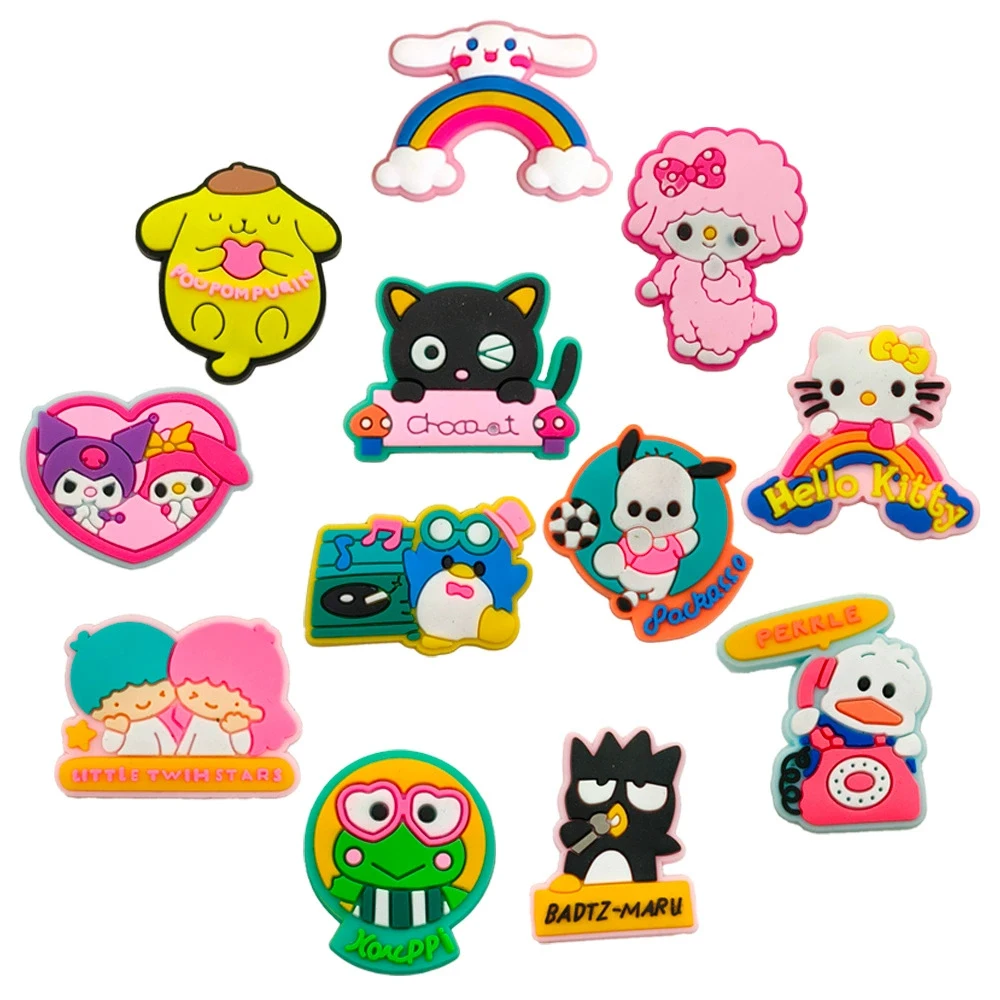 5-12PCS Hello Kitty Melody Kuromi Mix Shoe Charm Wholesale PVC clog Wristband Decor Buckle Sandal Detachable Waterproof To Gift