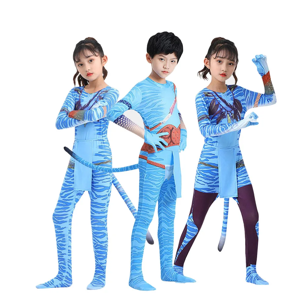 Movie Neytiri Cosplay Costume Kids Blue Stripes Tight Jumpsuits Adult Jake Sully Role Play Bodysuit Halloween Carnival Party