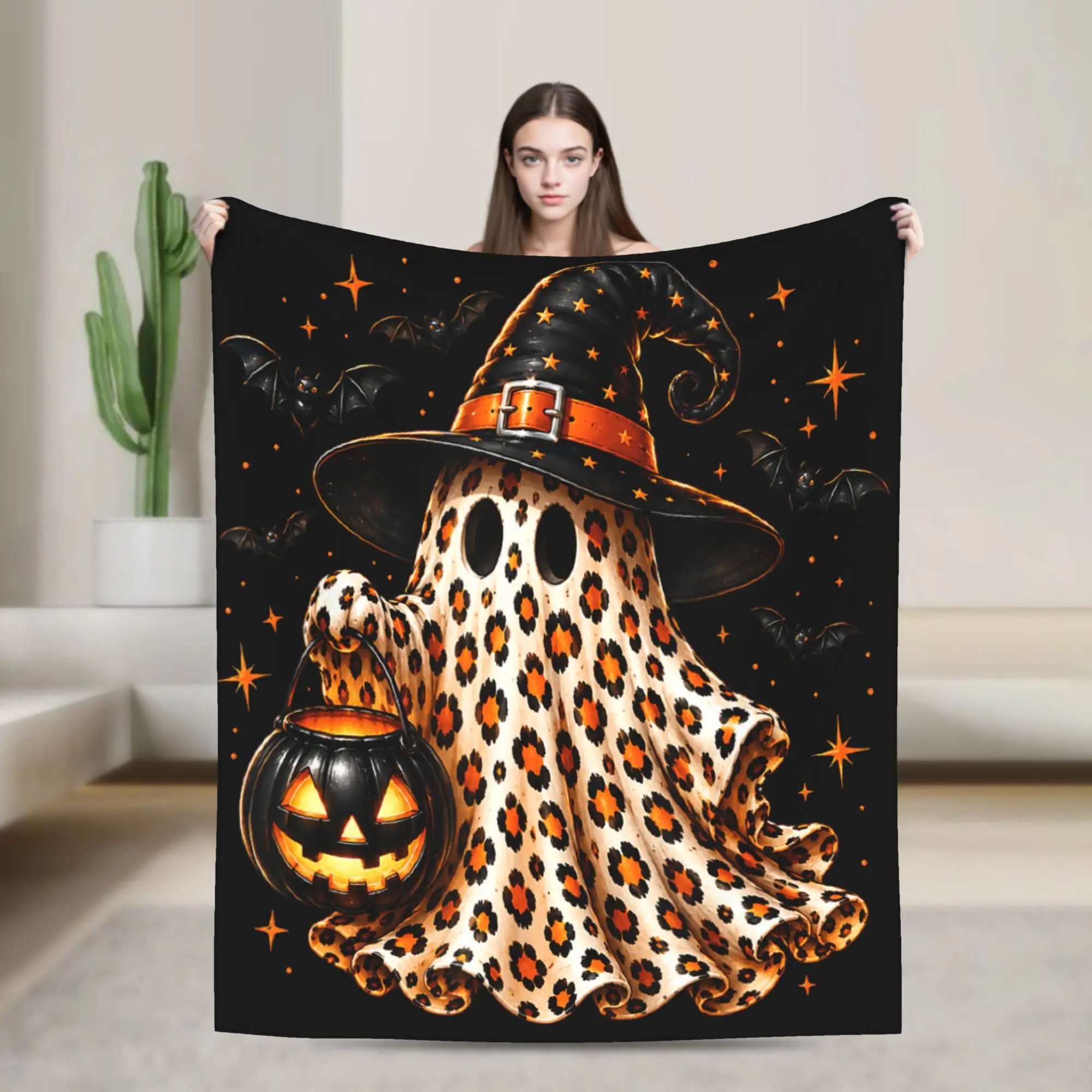Cute Leopard Ghost  Knitted Blankets Fleece Halloween Preppy Spooky Super Warm Throw Blanket for Airplane Travel Bedroom Quilt
