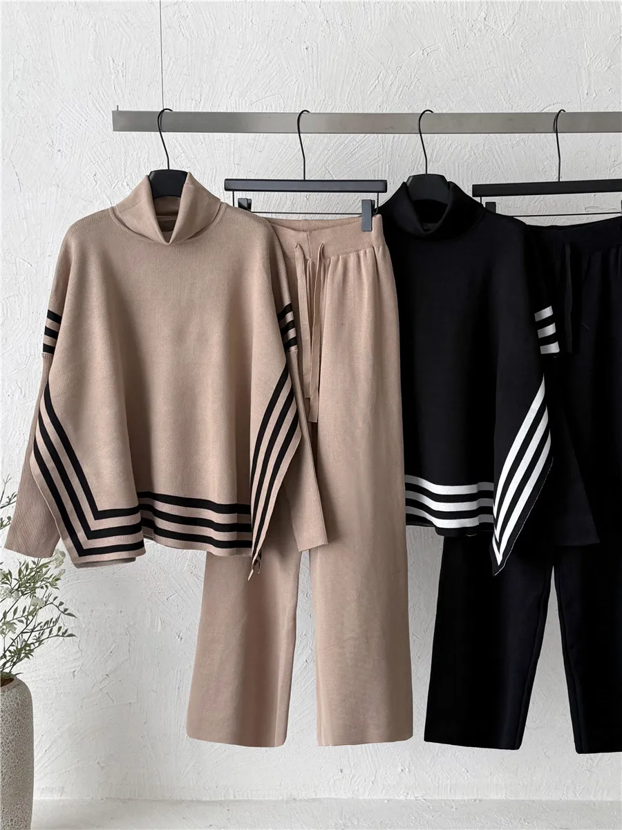 

Lazy Style Striped Knitted Set Women's Wide Leg Pants Two Piece Casual Fashion Set Breathable Comfortable Spring Autumn Wear