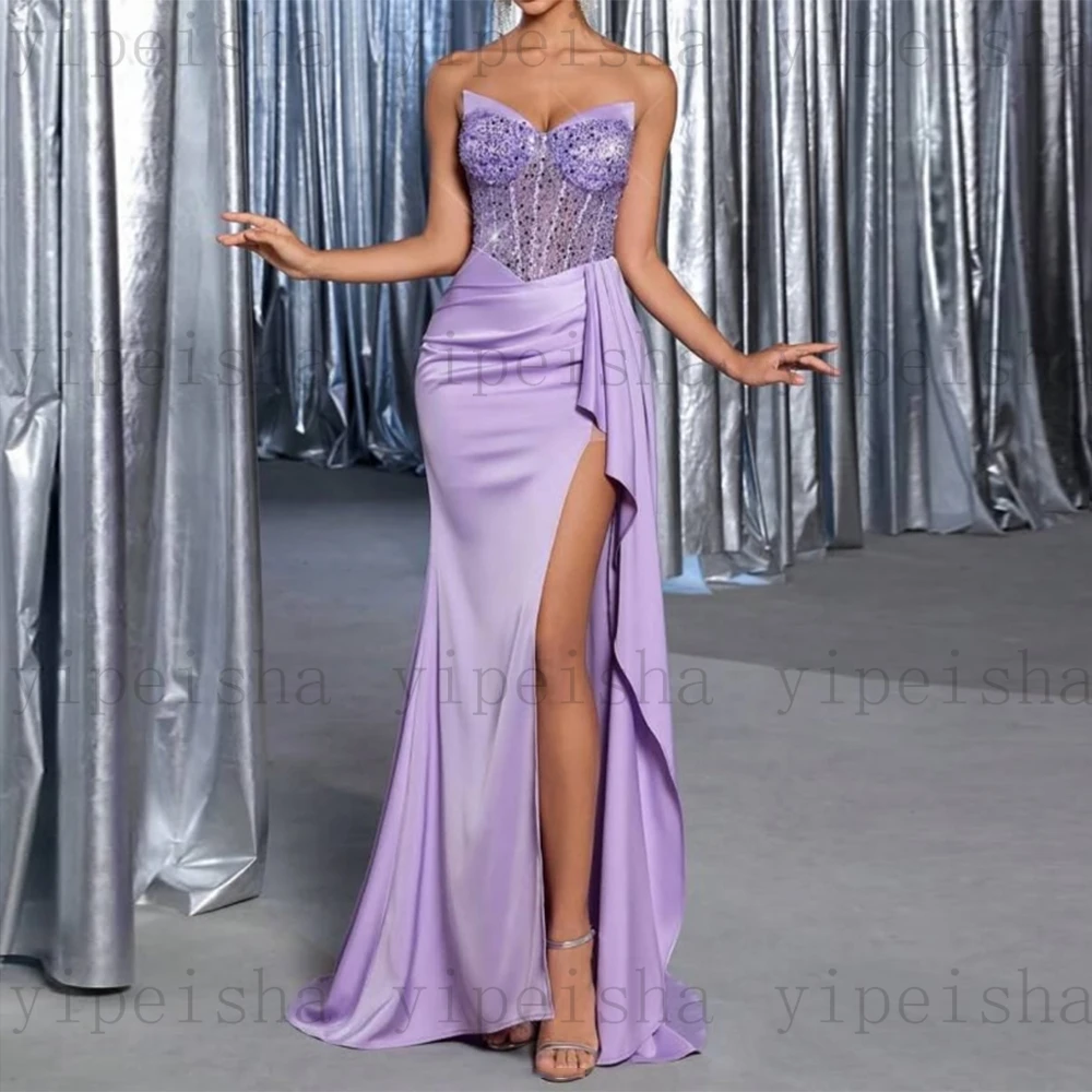 Personalizado sem alças vestidos de noite sem costas lantejoulas miçangas babados lado alta fenda sereia vestido de baile moder longo vestido de festa