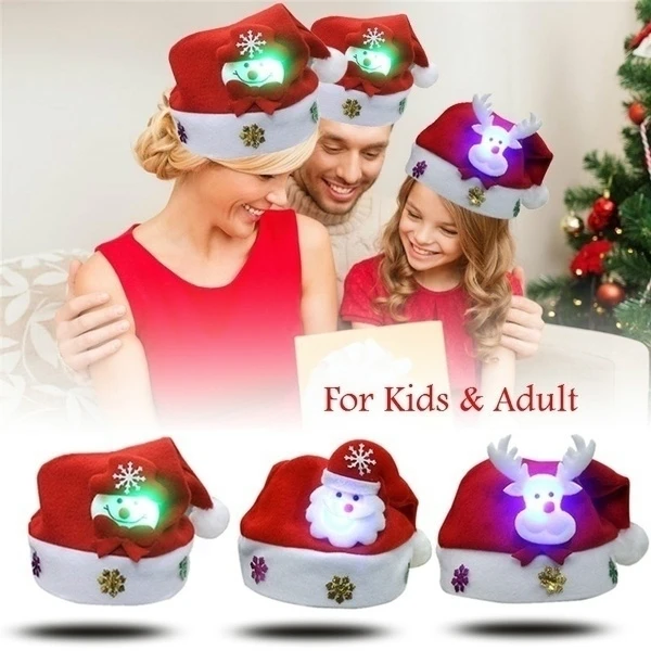 2026 New 1Pc LED Christmas Hat Santa Reindeer Snowman Design For Adults & Kids Xmas Gift Holiday Party Light Up Caps