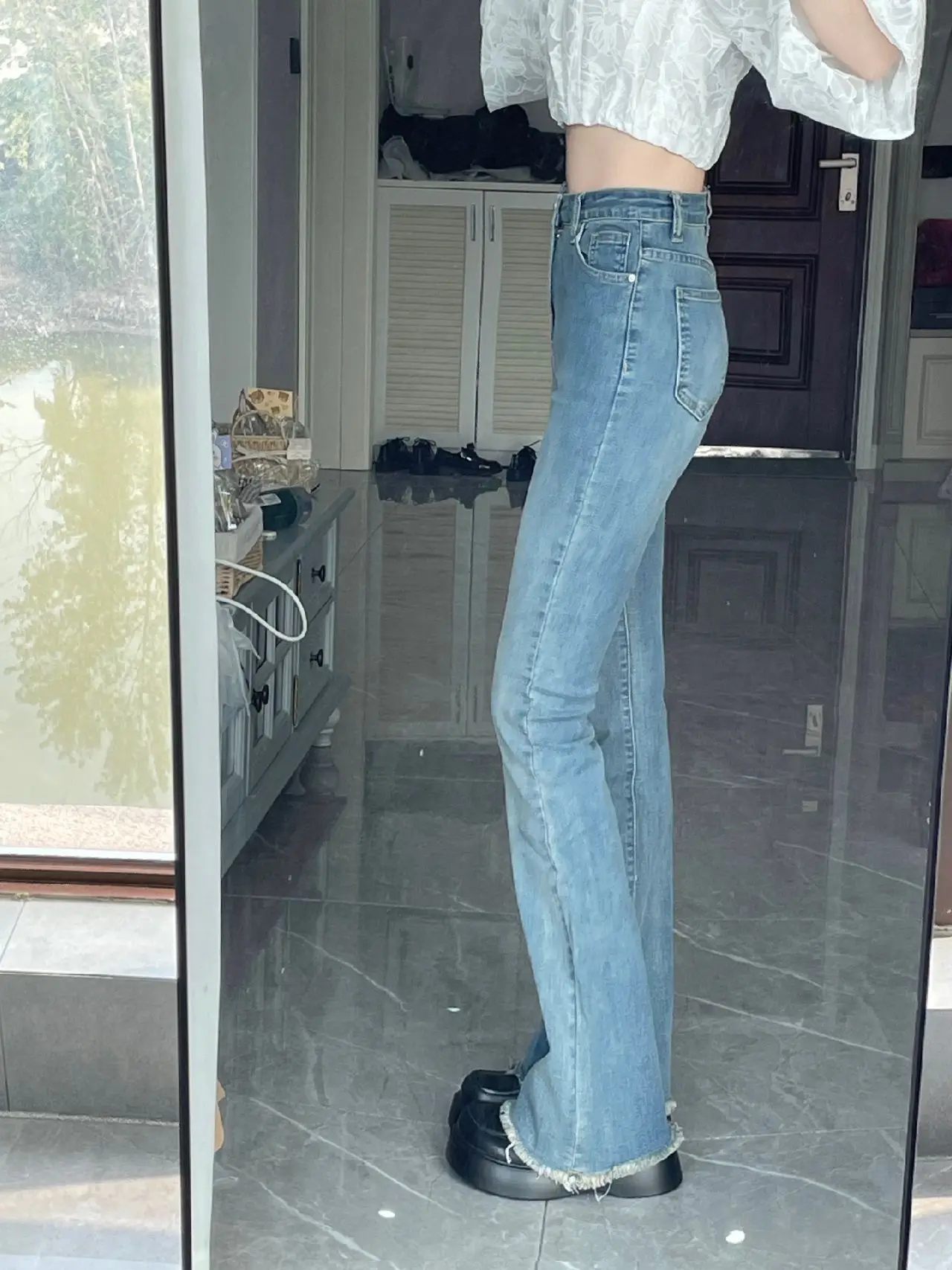 High Waist Bell Bot Jeans Women's Stretchy Frayed  Slimming Denim Pants Autumn New Sle plus Size Trendy