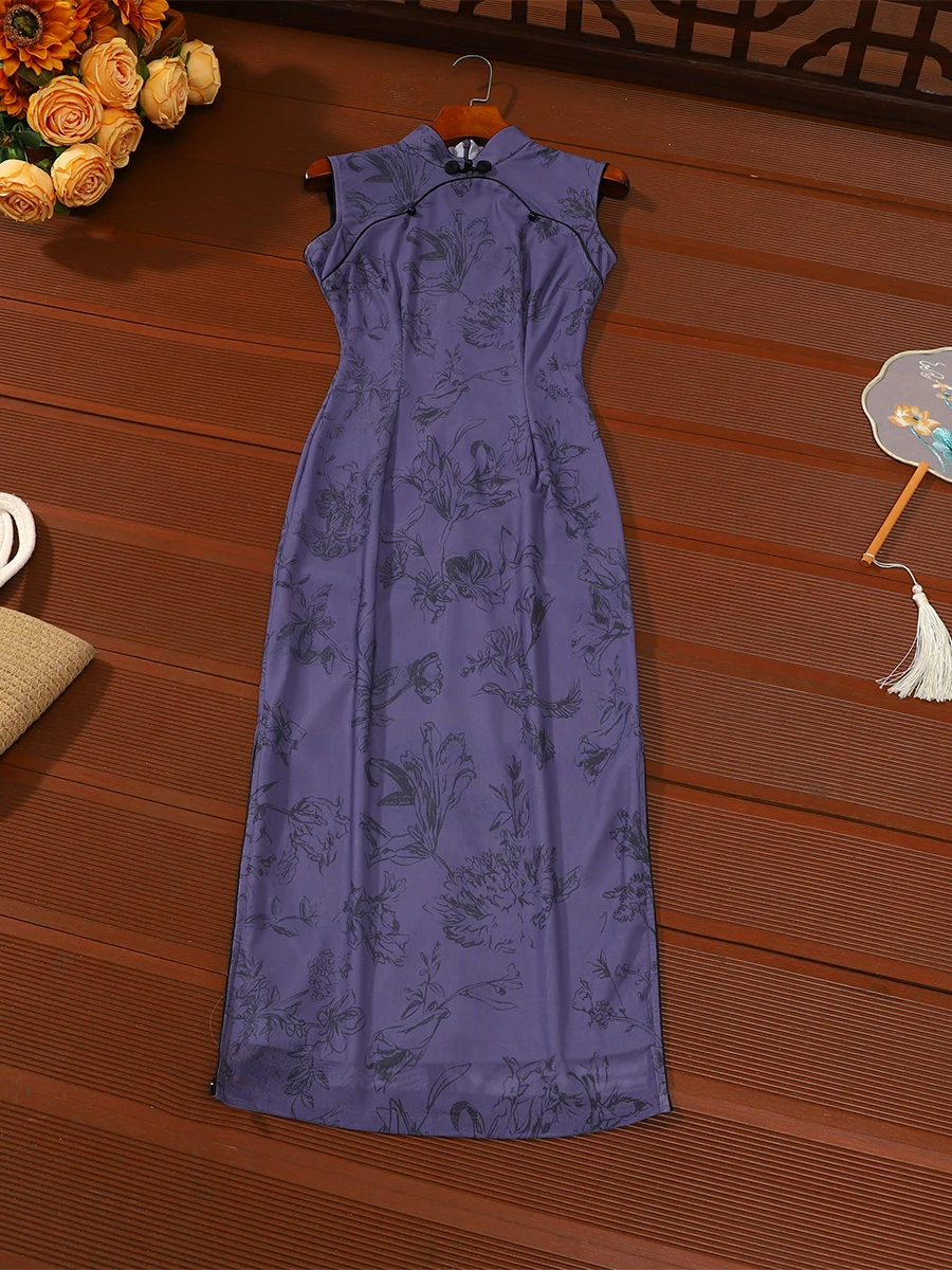 

Элегантное фиолетовое платье в китайском стиле, новая версия, дышащее, длинное, с цветочным узором, высокое качество