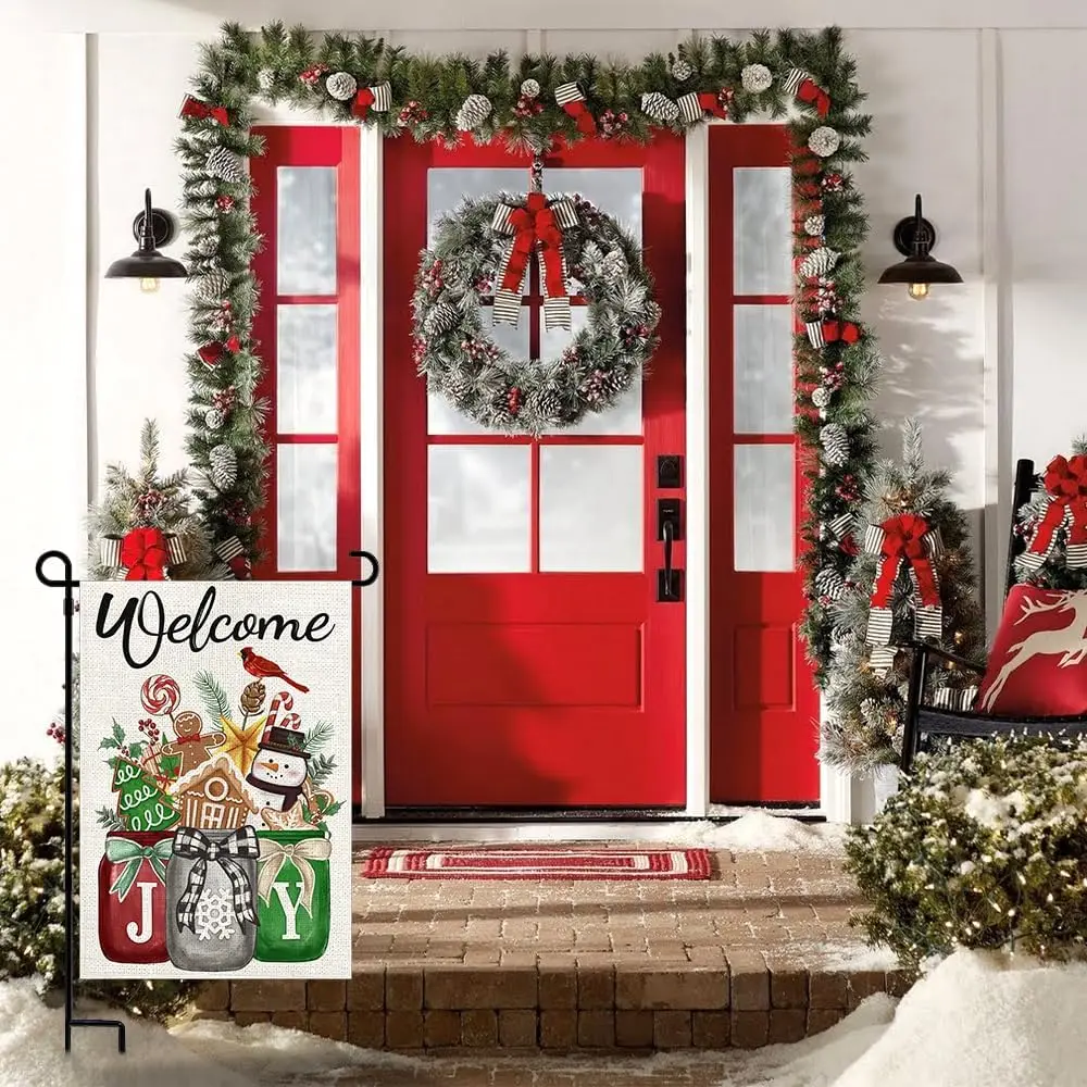 Joy Christmas Garden Flag 12x18 Inch Double Sided Welcome Xmas Yard Winter Outdoor Seasonal Flag Christmas Mason Jars Snowma yyi