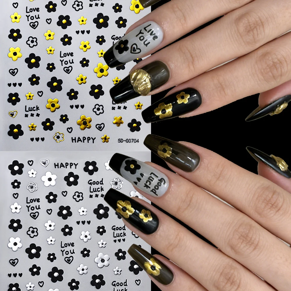 5D Spring Black&White Five-Petal Nail Stickers Bronz Gold/Silver Cute Black,White Floret Decal Self-Adhesive Black Flower Slider