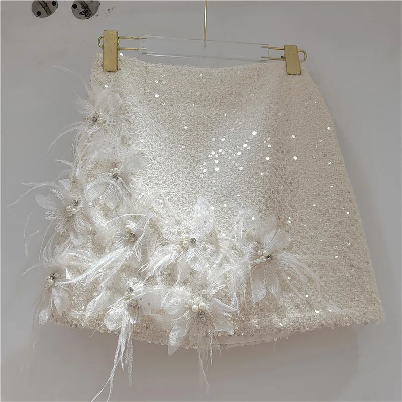 

3D Floral Feather Tweed Skirt, Heavy Craft Shiny Patchwork Furry High Waist Slimming Bodycon Short Skirt Women, Autumn Winter