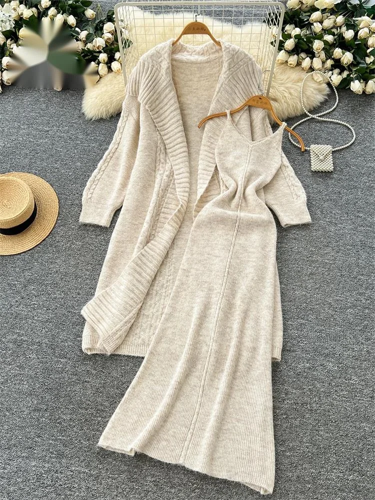 

Autumn Cashmere Thick Sweater Suits Female Loose Long Cardigans+Strap Slim Knitted Dress Warm Homewear Two Pieces Sets