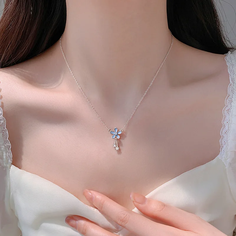 Women Blue Flower Tassel Collarbone Necklace Elegant Versatile Spring Summer Light Luxury Dainty Statement Neck Jewelry