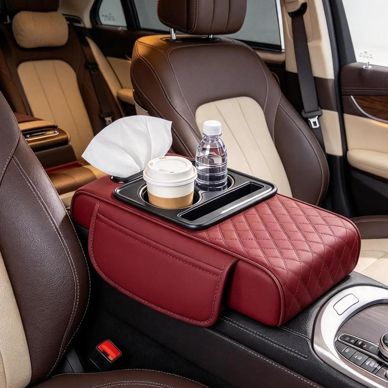 Car Armrest Cushion Multifunctional PU Leather Tissue Box Phone Holder Center Console Cover Integrated Storage Bag Cup Holder