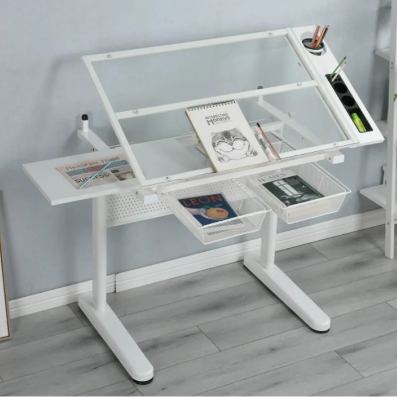 Hand Crank Adjustable Drafting Table Drawing Desk 2 Metal Drawers Extremely Convenient Height Adjustment System Tabletop Tilted