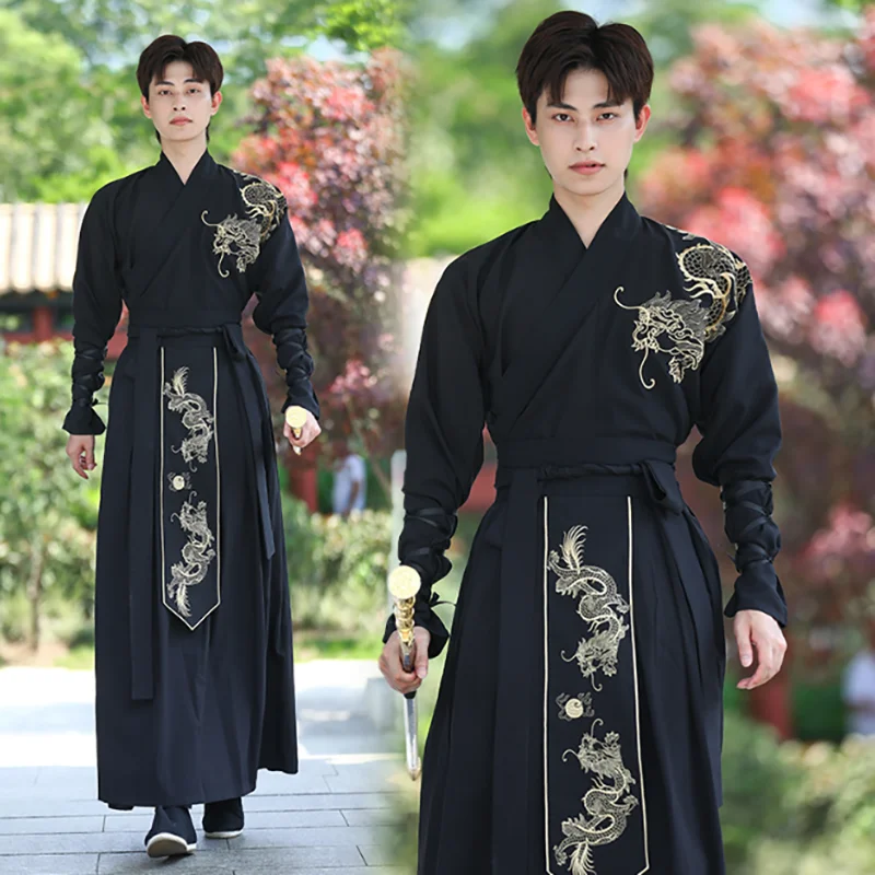 

Hanfu Men Chinese Traditional Embroidery Black Hanfu Male Carnival Cosplay Costume Stage Performance Shirt With Skirt Plus Size