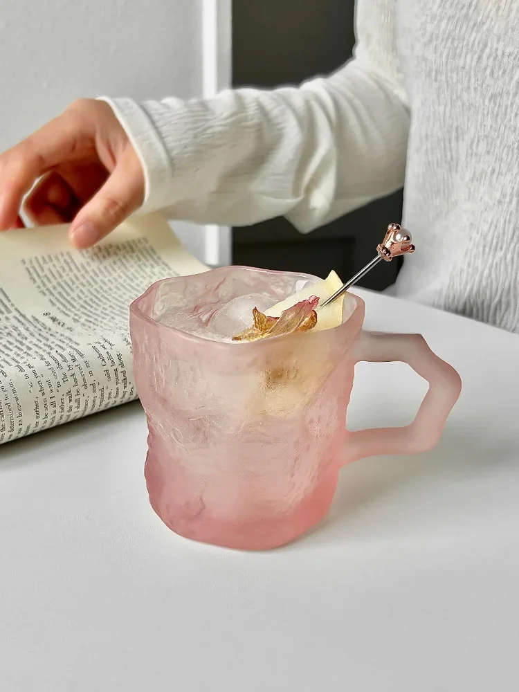 Pink Glass Cup with Handle Beverage Coffee Water Cup High Aesthetic Value Home Use Ins Style Fairy Tale Iceberg Theme Cup