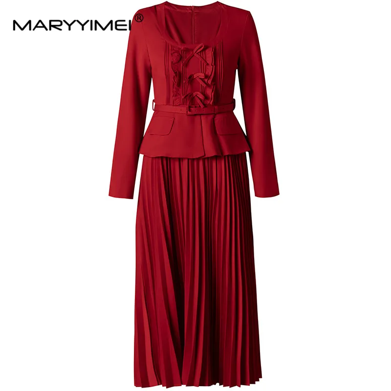 

MARYYIMEI Fashion Women's Black Fake Two Pieces Pleated Skirt Three-Dimensional Bow Closed Waist In Slim-Fit Long-Sleeved Dress