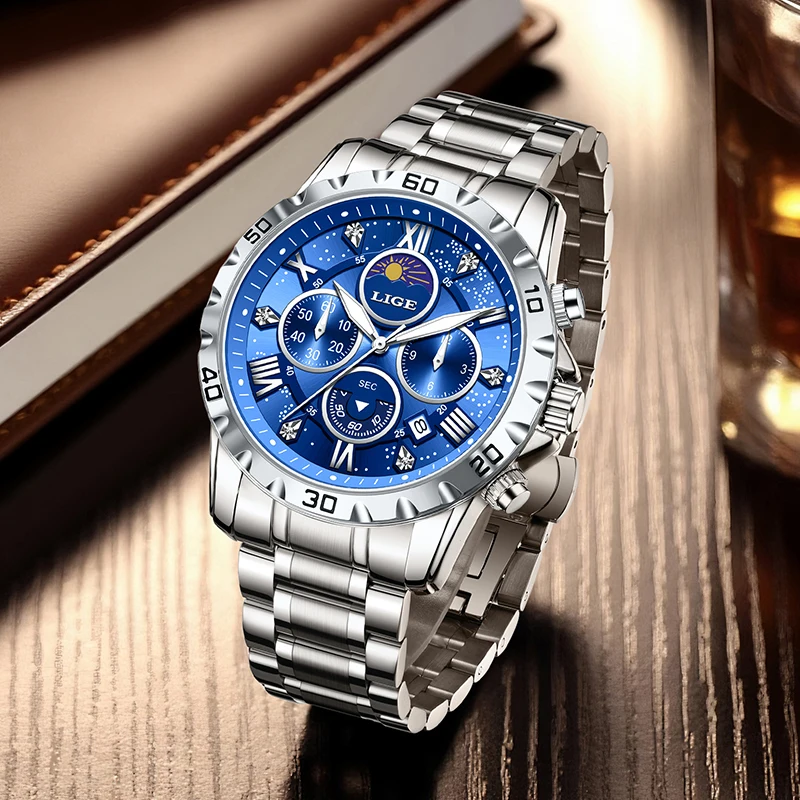 New LIGE Luxury Fashion Quartz Man Watch Stainless Steel Business Casual Calendar Waterproof Luminous Moon Phase Watches for Men