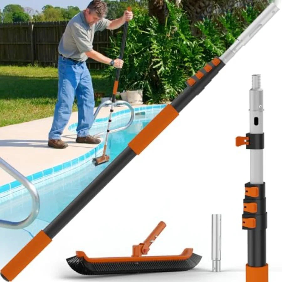 

Swimming pool maintenance: heavy duty reinforced aluminum telescoping pole, silver, adjusts 4-16 ft with 19 brush head and univ