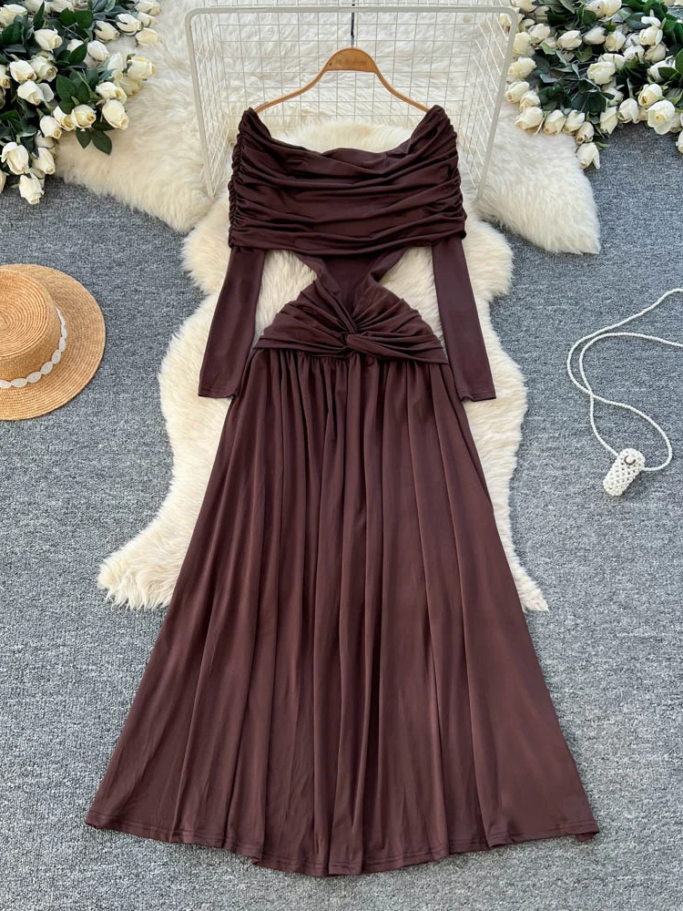 

Pure Desire Women's Dr One oulder Knot Folded Waist Slimming Long Skirt Ci Commuting Sle A-Line Summer Autumn