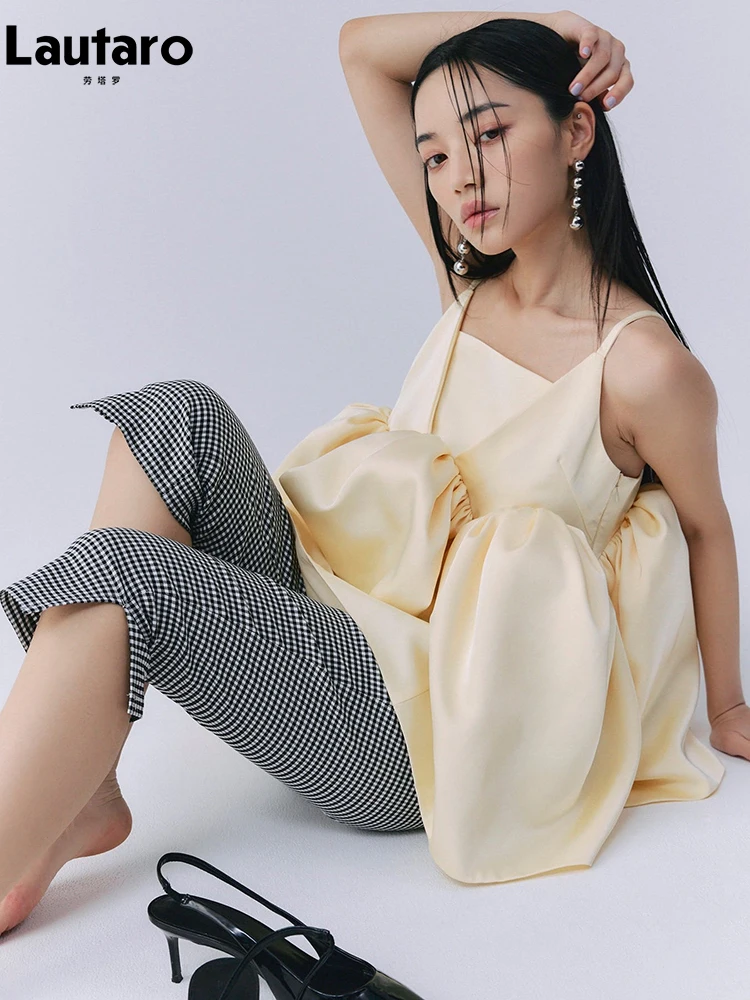 Lautaro Spring Summer Short Luxury Elegant Birthday Spaghetti Strap Mini Ball Gown Dresses for Women High Waist Cute Clothes