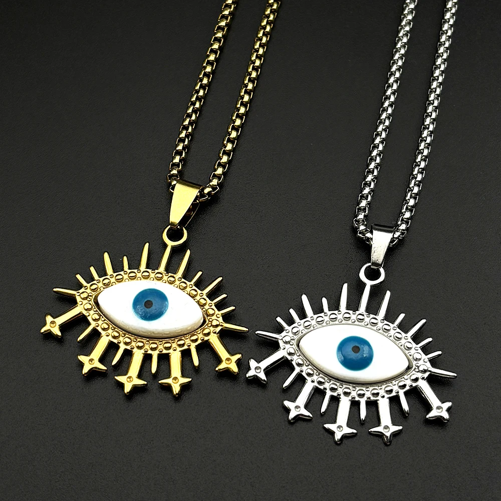 Vintage-Halskette mit bösem Blick-Anhänger für Damen und Herren, Edelstahl, goldfarben, Glücksamulett, Teufelsblau-Augen-Kette, Schmuckgeschenk – Detail 6
