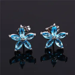 Cute Female Blue Zircon Stars Stud Earrings Multicolor Birthstone Crystal Silver Color Wedding Jewelry For Women