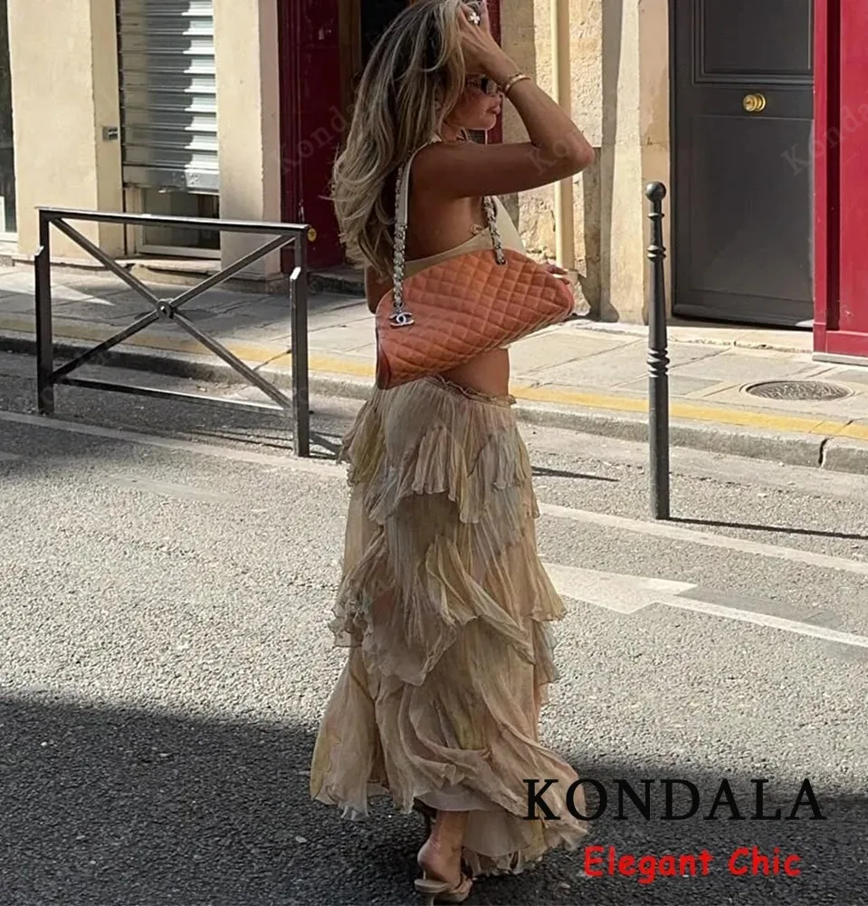 KONDALA Vrouwen Elegante Hippie Rok Gradiënt Print Tiered Ruches Lange Rokken 2025, Zomervakantie High Street Boho Dame Rokken