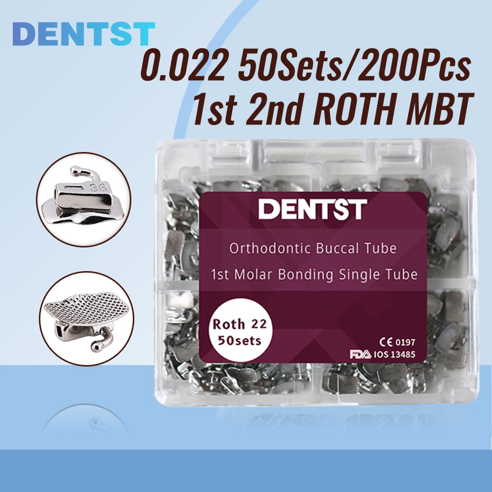 Dentst 50 juegos/caja de ortodoncia Dental 1. ° 2. ° molar tubos bucales incollables Base de malla no Convertible herramientas individuales Roth MBT 0,022