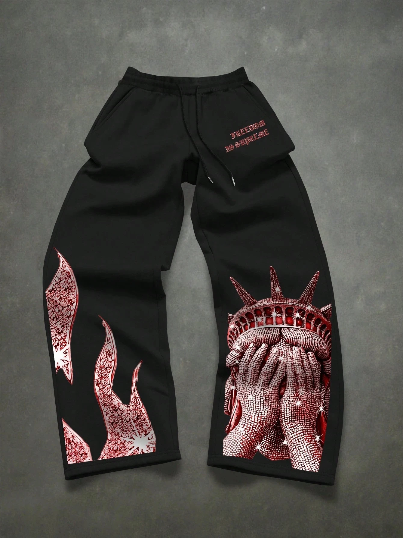 Men's Black Statue Of Liberty Portrait Print Wide Leg Sweatpants White Flame Fire Graphic Gothic Letter Joggers Freedom Slogan