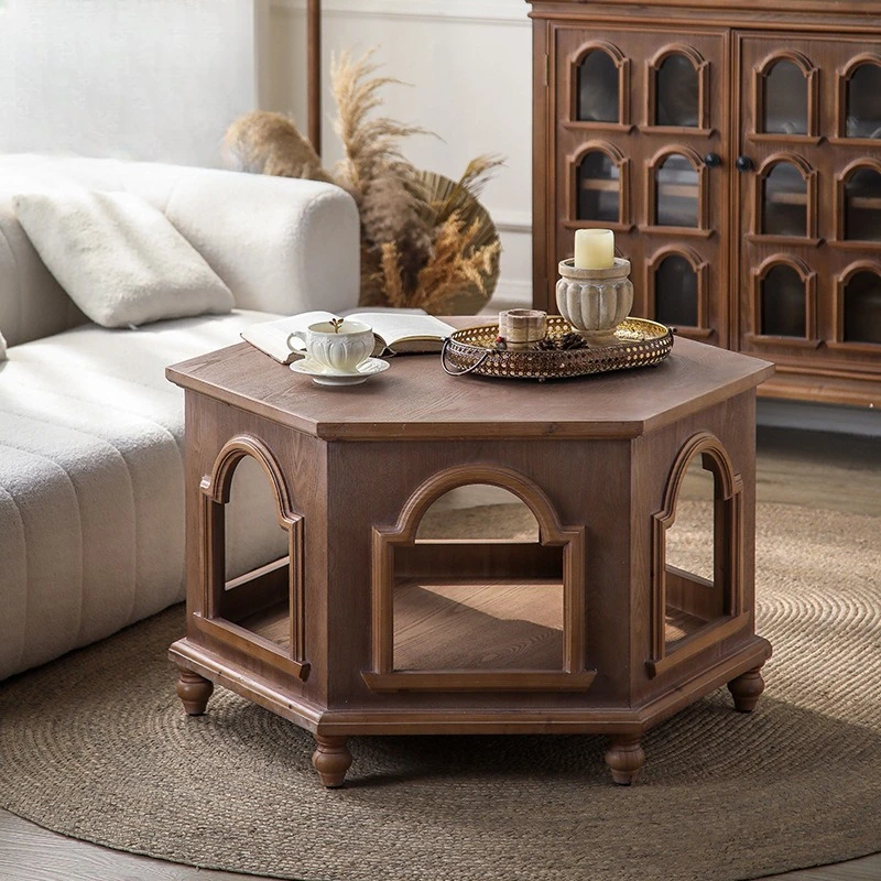 

Medieval style coffee table B & B hotel lobby personalized negotiation table walnut color living room side balcony flower stand