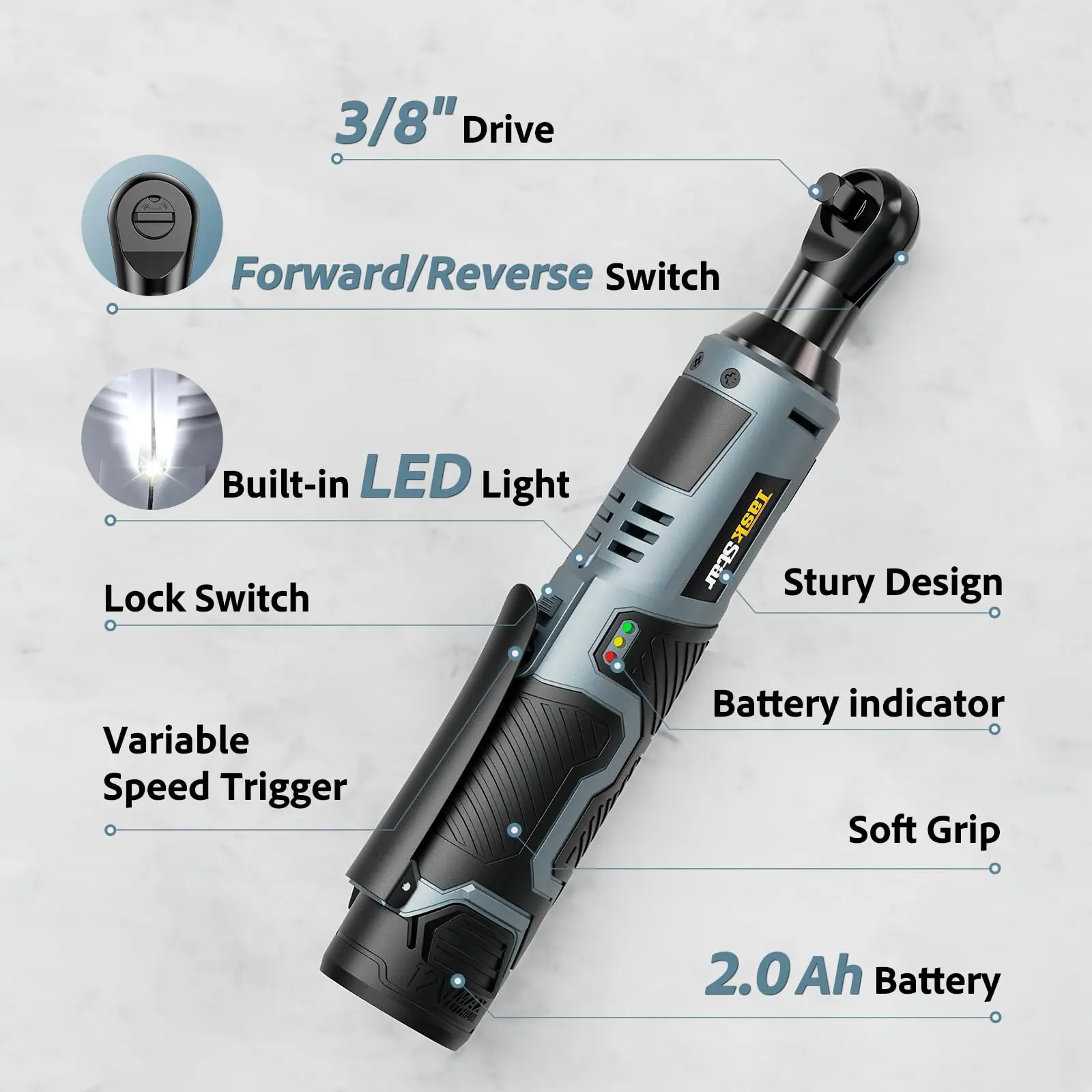 TaskStar Chiave a cricchetto elettrica 200 giri/min Trigger a velocità variabile 40 Nm Kit chiave a cricchetto a batteria 12 V 2 * 2,0 Ah Batterie alimentate